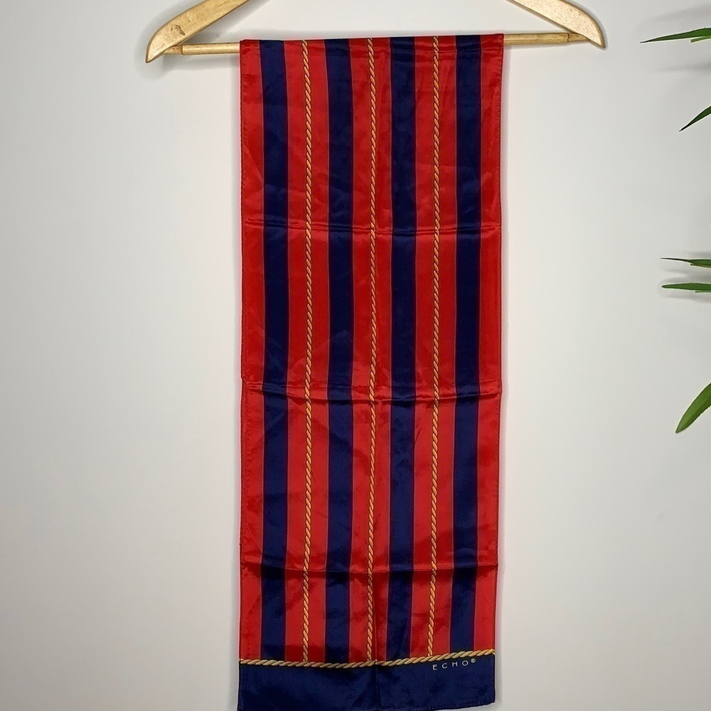 Echo || Silk Nautical Red Blue Striped with Gold Rope Design Scarf 10 1/2” x 52”
